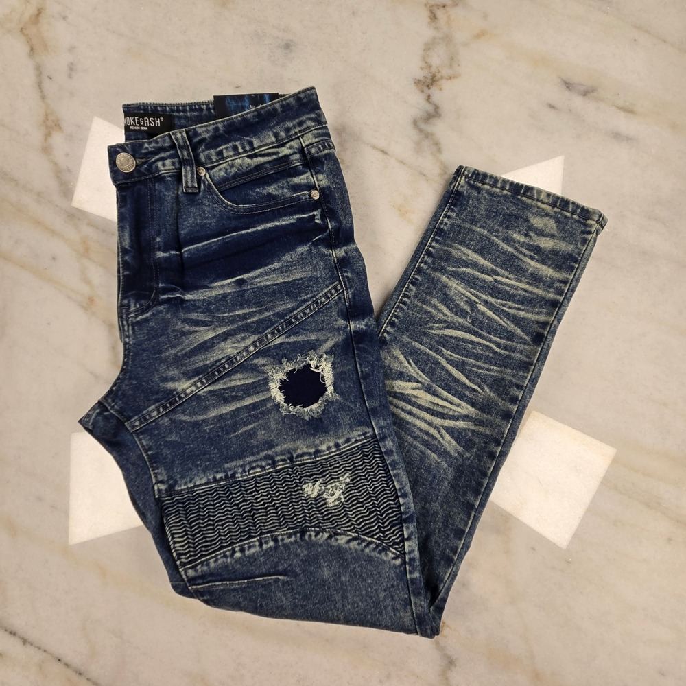 NWT Smoke & Ash Distressed Biker Jeans Mens 34x32 Blue Moto Acid Wash Streetwear